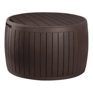 Keter Circa 37gal Round Patio Box Stylish Storage Table and Seating, Brown Resin