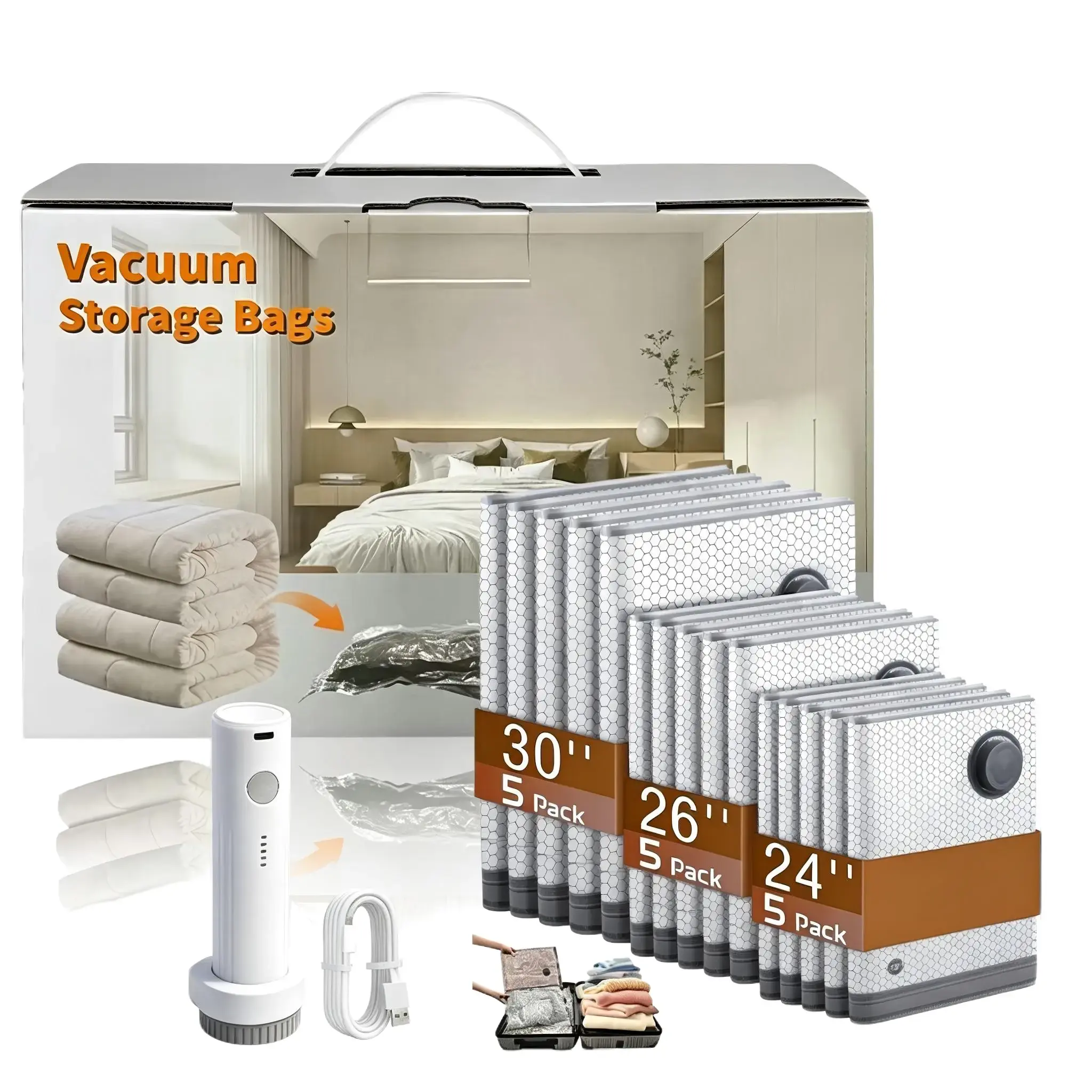 Vacuum Storage Bags with Rechargeable Electric Pump 15 Pack Space Saver Bags Clothes Vacuum Bags Compression Bags for Storage Bedding Comforters Travel Closet Dorm Moving Save 80% Space
