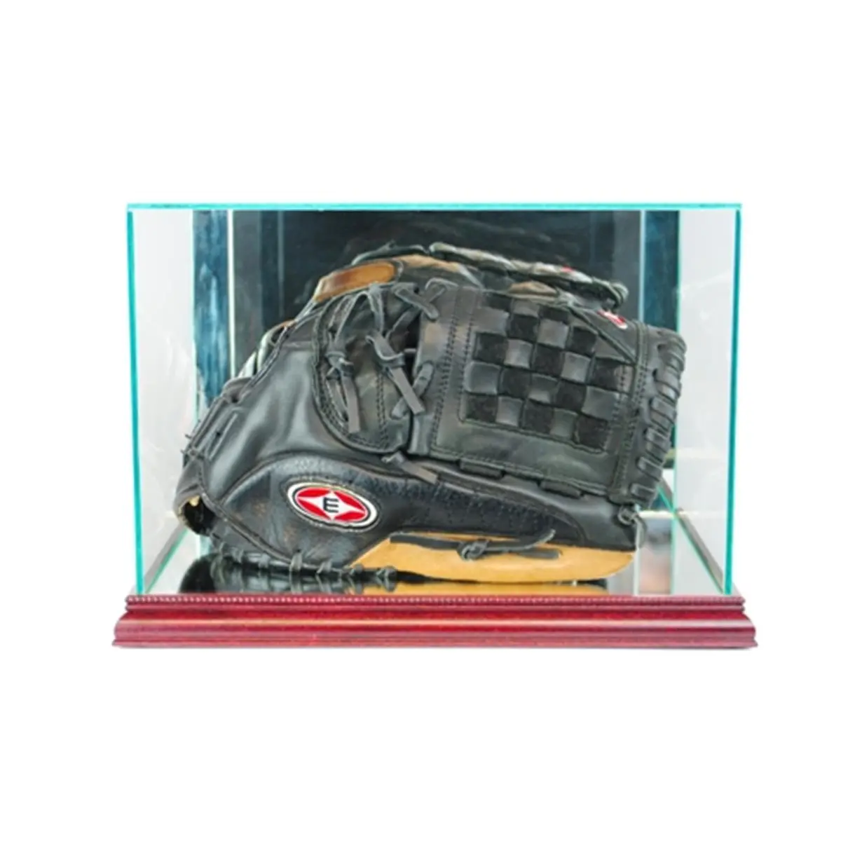 212 MAIN Rectangle Glass Baseball Glove Display Case, Real Wood with Cherry Finish, Acid-Free Liner, Mirrored Back for Displaying Signed Baseball Mitts, Baseball Mitt