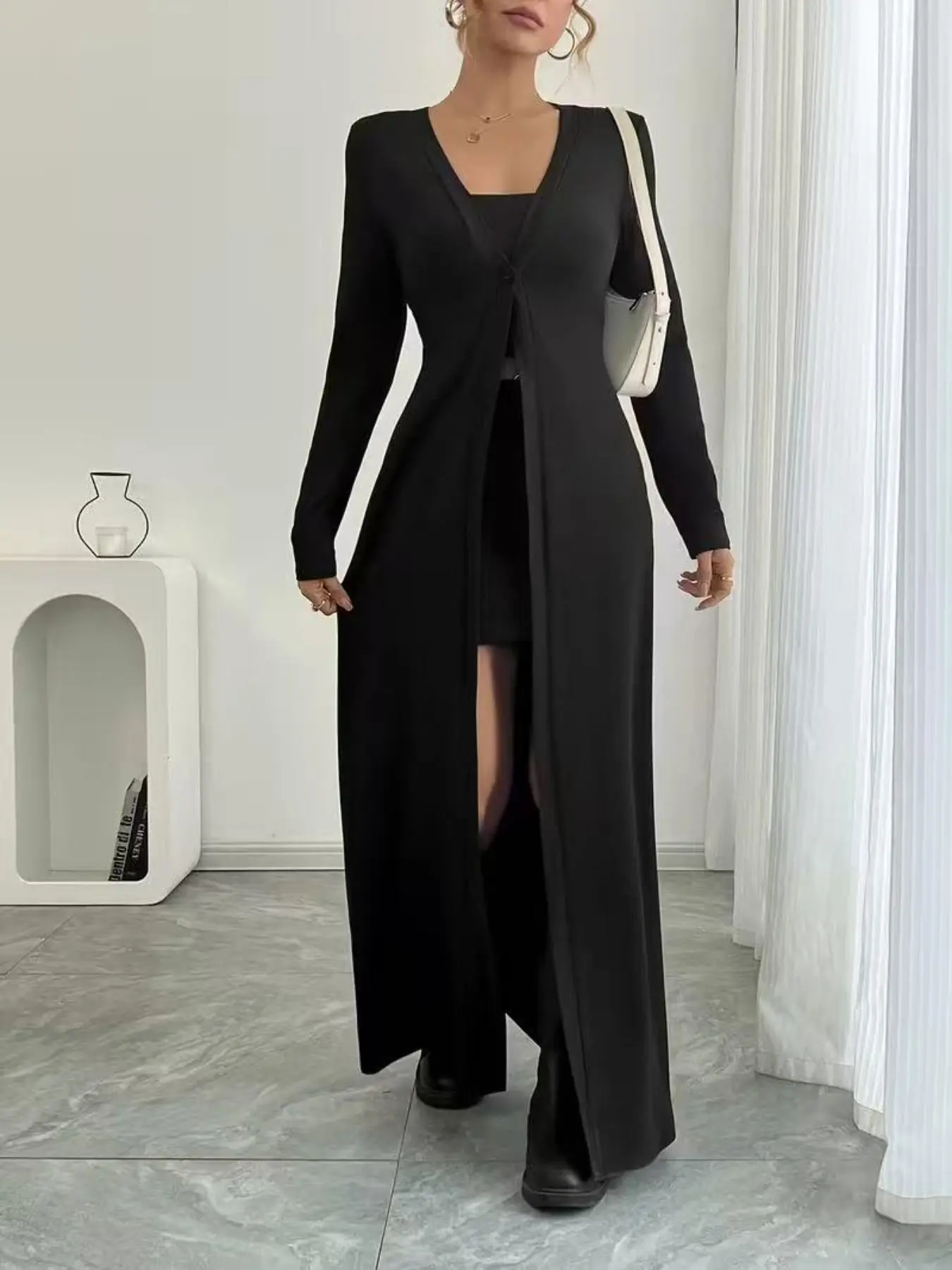 Solid Color Long Knit Cardigan, Long Sleeve, Slim Fit Slimming Effect, Drapey Outerwear, Stylish and Comfortable, Perfect for Layering, Knitwear, Womenswear