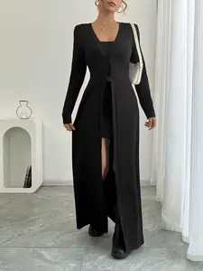 Solid Color Long Knit Cardigan, Slim Fit Slimming Effect, Drapey Outerwear, Stylish and Comfortable, Perfect for Layering