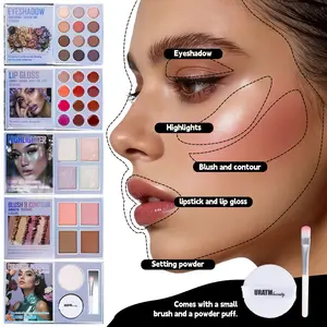 34pcs Makeup Book Set, Portable Multifunctional Multi-Color Highlighter Eyeshadow Lipstick, Blush Powder Compact with Brush & Puff