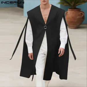 INCERUN Menswear Fashion Men's Simple Plain Lengthened Turtleneck Drape Sleeveless V-Neck Mid-Length Cape Cardigan Vest with Metal Ring Buckle - Spring-Autumn Minimalist Outerwear for Stage Performance, Halloween Layering