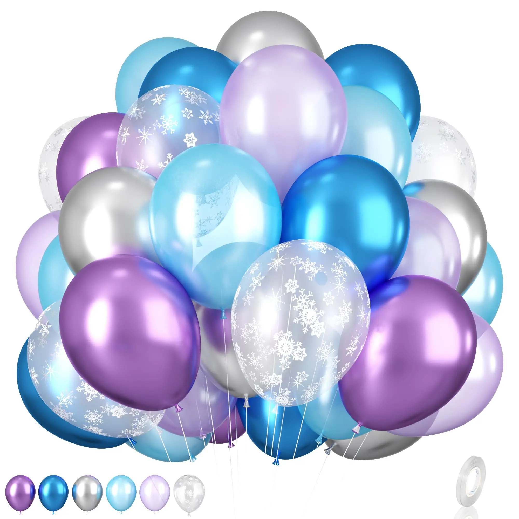 Frozen Balloons, 12 Inch Purple, Blue, White & Silver with Snowflakes for Frozen Theme Party