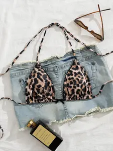 Sexy Leopard Print Bikini Top with Thin Straps, Backless Tie Rope Design, Sleeveless Swimsuit, Women's Swimsuit, Fashionable Swimwear