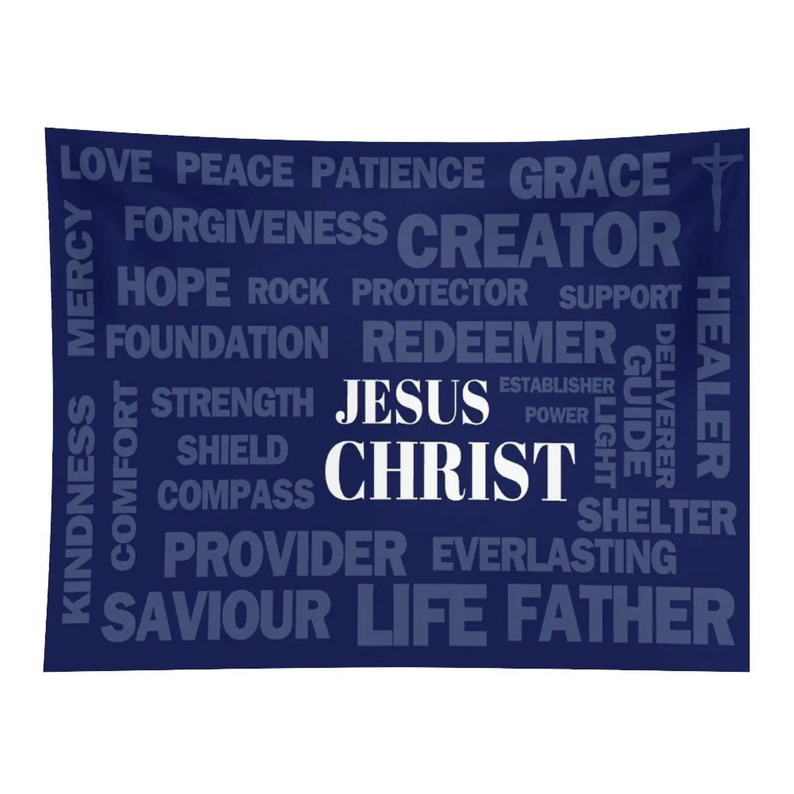 Jesus Christ Word Cloud Tapestry Blue Christian Faith Wall Hanging for Church Home Decor