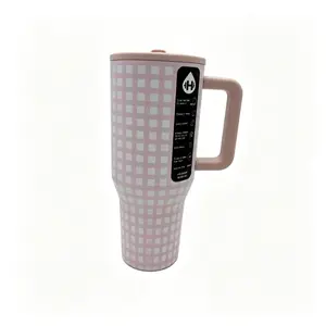 HydroJug 40oz Pink Gingham Pattern Stainless Steel Tumbler with Handle | Double Wall Vacuum Insulated Coffee Mug, Leakproof Cover, Portable For Office Gym Driving