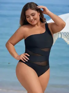 Women's Plus Size Solid Color One-Piece Swimsuit, Single Shoulder Wide Straps, Sexy Semi-Transparent Mesh Patchwork, Beach Swimming and Vacation Wear, Swimsuit Beachwear
