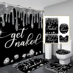 4 Pcs Diamonds Bathroom Curtain Sets with 12 Hooks,Balck Bathroom Decor Sets,Bathroom Decoration Accessories - Bathroom Shower Curtain,Toilet Lid Cover,Non-Slip Bathroom Rugs and U Shape Bath Mat,Waterproof Fabric Bathroom Decoration Set