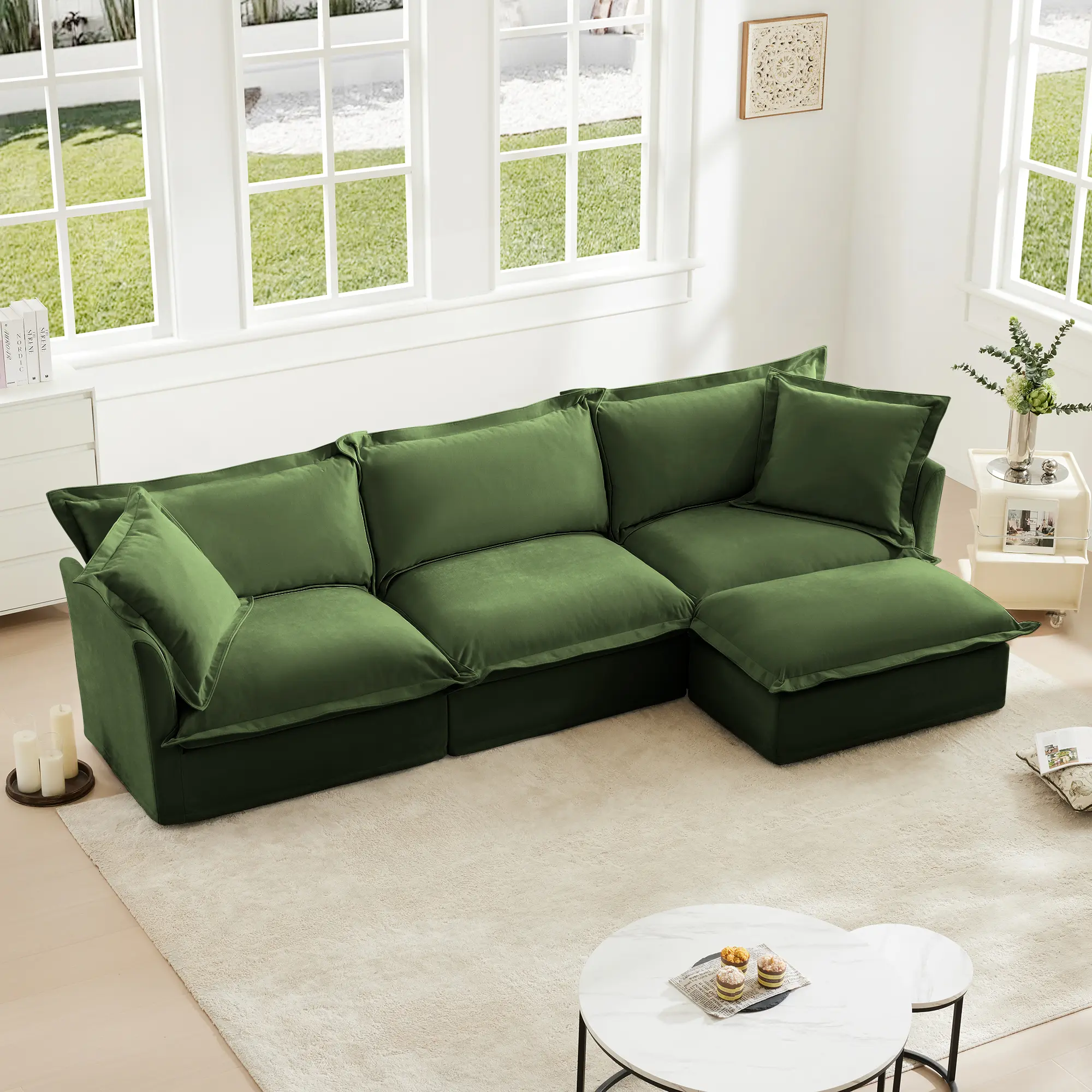 L-Shaped Sectional Sofa Couch with Ottoman, Comfy Chenille Deep Seat Cloud Couch with 2 Pillows, Modern Oversized 3-Seater Slipcovered Sofa Set for Living Room Office, Green, Living Room Furniture for Apartment, Lounge, Family Room