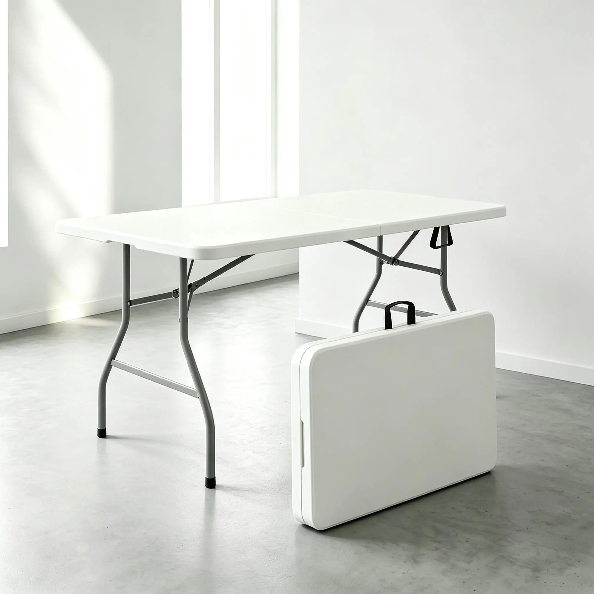 6FT White Rectangular Plastic Foldable Straight Leg Table,Portable Folding Table - Steel Frame,  Easy Setup, Adjustable Height,Fold-in-Half Design, card table,Space-Saving for Outdoor Camping & Indoor Kitchen Use