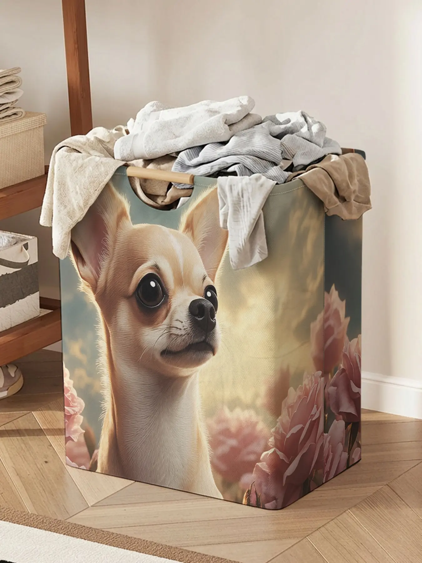 1pc dog pattern printed open storage box, foldable laundry basket storage bag with handle storage basket, household bathroom foldable laundry basket, dirty clothes storage bucket Laundry Hamper