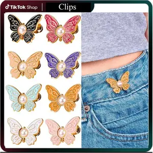 8 Sets Pant Waist Tightener, Detachable Butterfly Clips Jean Buttons for Loose Jeans, Adjustable Waist Buckle Sets No Sew and No Tools Decorative Butterfly Waist Buckles,Jean Buttons Pins