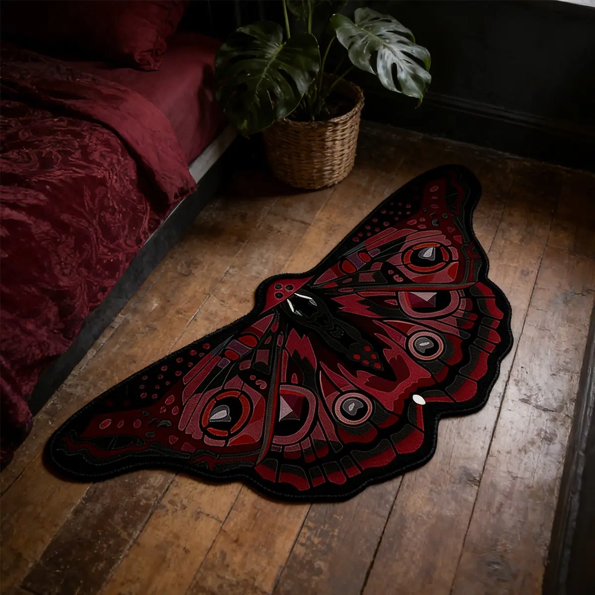 Irregular Shape Bedside Rug, Dark Butterfly Moth Pattern, Gothic Style Home Decor, Suitable for Bedroom, Living Room, Kitchen, Butterfly Area Rug, Decorative Rug, Butterfly Print Rug