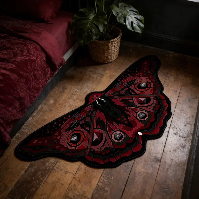 Irregular Shape Bedside Rug, Dark Butterfly Moth Pattern, Gothic Style Home Decor, Suitable for Bedroom, Living Room, Kitchen, Butterfly Area Rug, Decorative Rug, Butterfly Print Rug