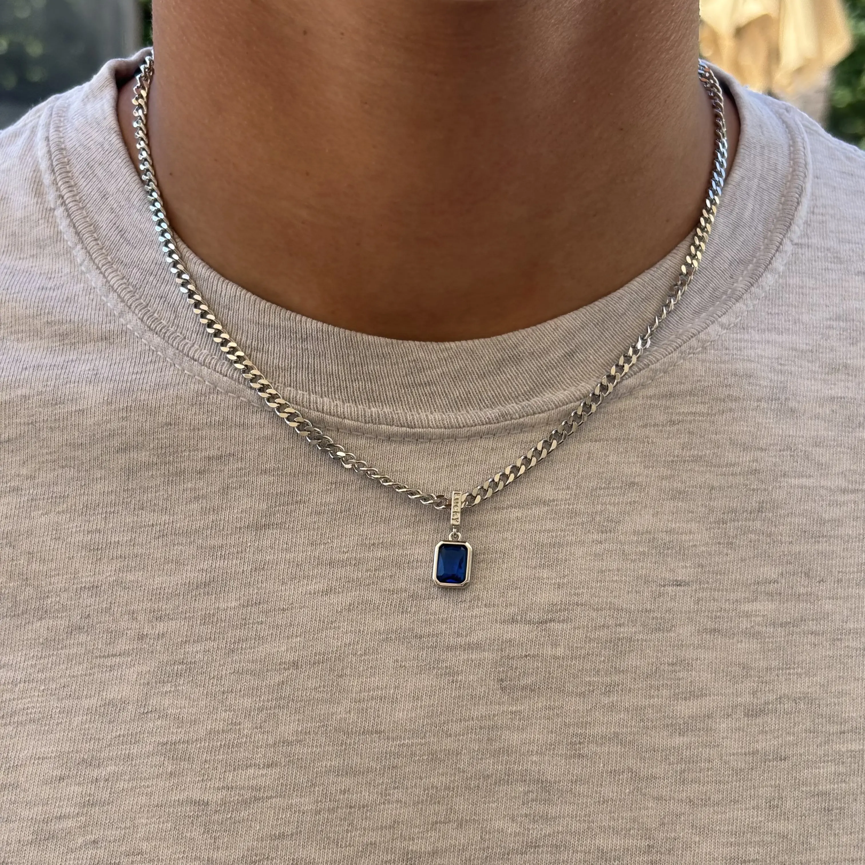 Blue Stone Pendant Necklace, Silver Stainless Steel Chain, Rectangular Navy Pendant, Unisex Y2K Streetwear, Casual Style Necklaces, Costume Jewelry Necklace
