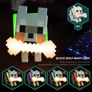 3D Printing Handmade Pixel Wolf LED Night Light, Novelty Lighting, Glowing Bone & RGB Collar, Stylish Room Decor, Christmas & New Year Gift Idea