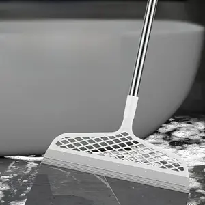 Magic Broom, Lightweight with Dual-Sided Silicone Squeegee - Detachable Head Cleaning Tool, Wet & Dry Use for Bathroom, Kitchen, Living Room, Easy Storage Wall Mount (White)