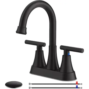 Bathroom Faucets for Sink 3 Hole,  4 inch Matte Black with Pop-up Drain and 2  Hoses, Stainless Steel  2-Handle Centerset Faucet for Sink