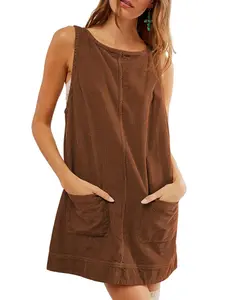 Women's Corduroy Dress, Round Neck Long Sleeve A-Line Mini Dress with Pockets, Casual Fall & Winter Fashion, Comfortable Daily Wear