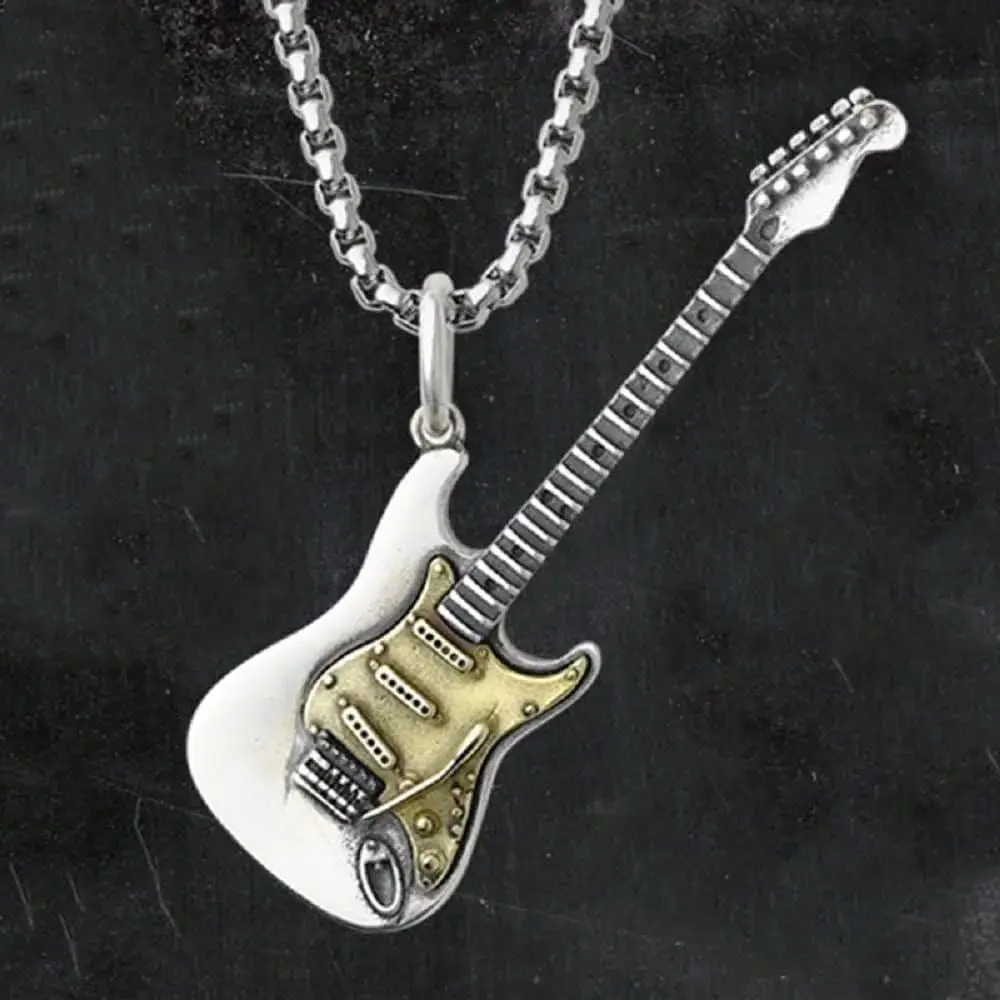 Music Guitar Necklace and Open Adjustable Rings for Mens,Rock Party Gift