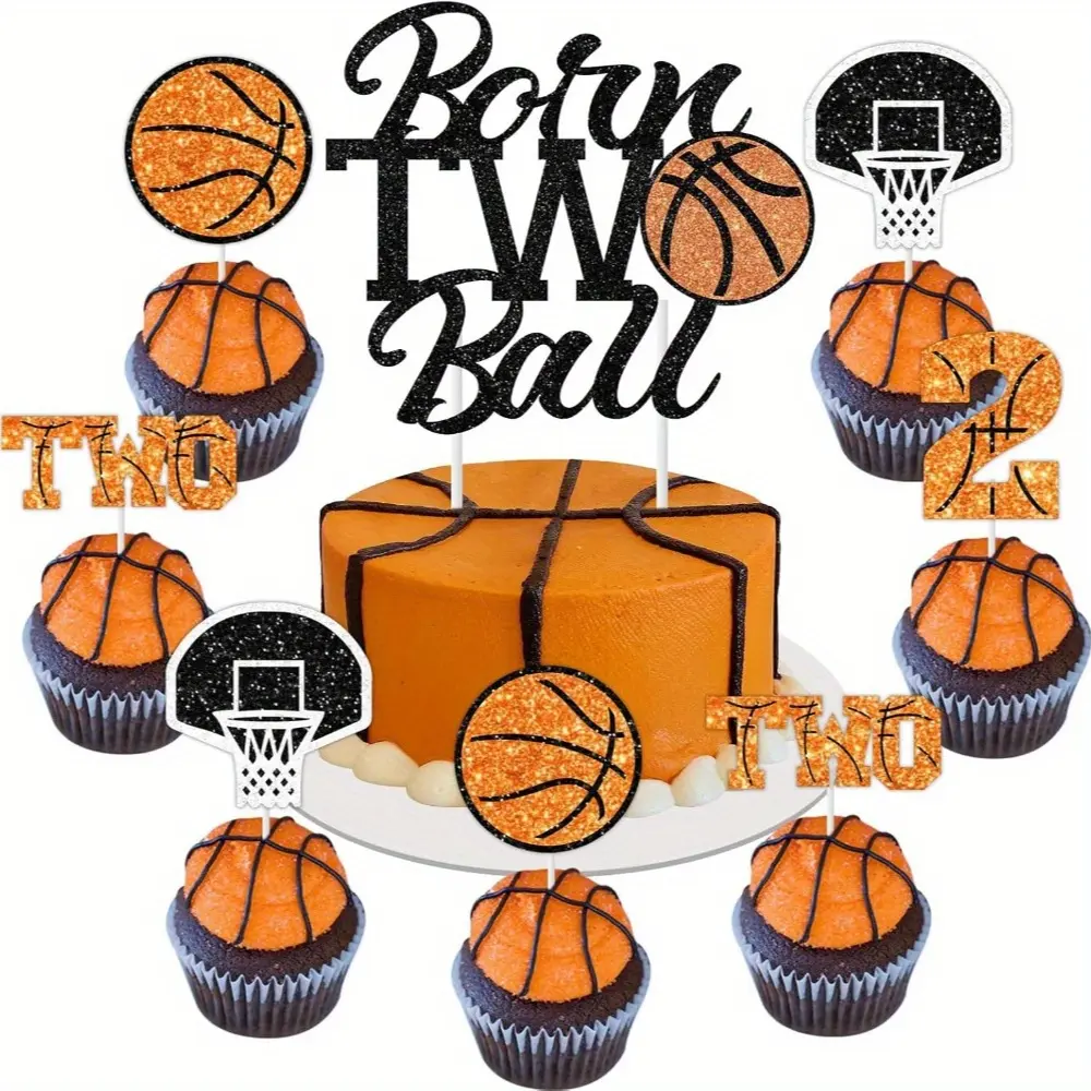 Glitter 25-Piece Basketball Birthday Party Decorations Set - Born 2 Ball Cake Topper, Cupcake Toppers for Boys' 2nd Anniversary Sports Party Supplies, Happy Birthday