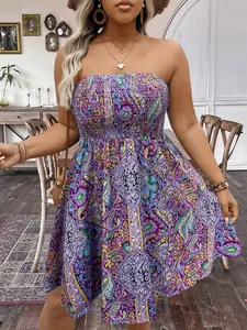 Plus Size Women Boho Print Chic Ruched Dress, Strapless Gathered Tube Top, Perfect for Vacation, Music Festivals, Parties