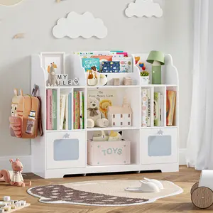 Toy Storage Organizer, 46'' Toy Shelf, Bookshelf with White and Blue Bookcase & 2 Storage Cubbies Toy Box, Toy Storage Cabinet for Playroom, Bedroom, Classroom, Library