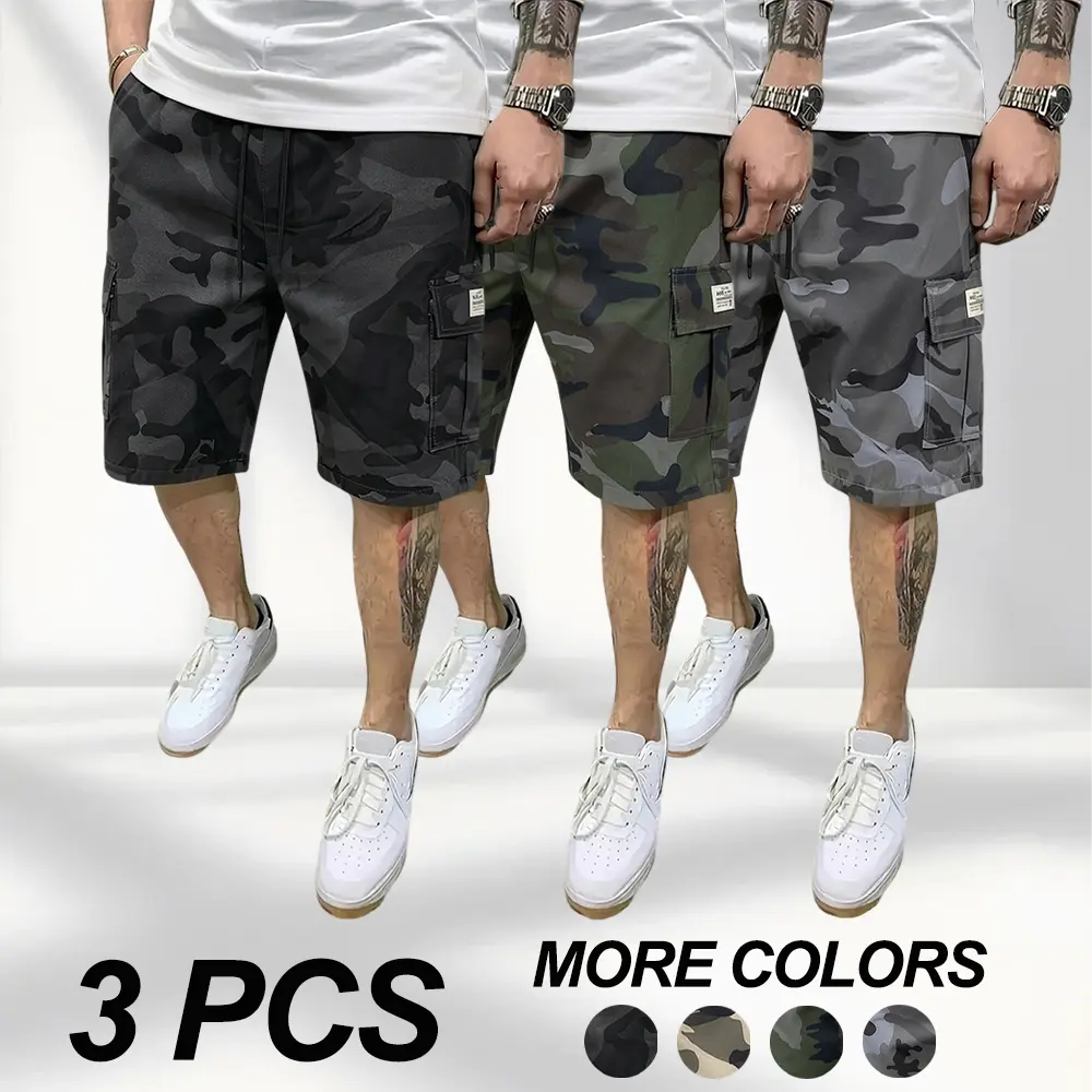 Men’s summer camouflage cargo shorts/joggers—durable, multi-pocket tactical work pants for young and middle-aged men; casual outdoor travel shorts; available in multiple colors.