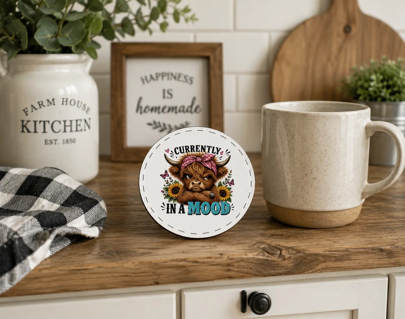 Highland Cow Coaster Funny Farmhouse Coffee Coaster Cork Back Coaster Sunflower Kitchen Decor Single Coaster