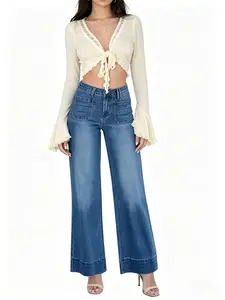 Spring new high waisted women's trendy wide leg jeans, low waisted elastic loose boyfriend style jeans, comfortable