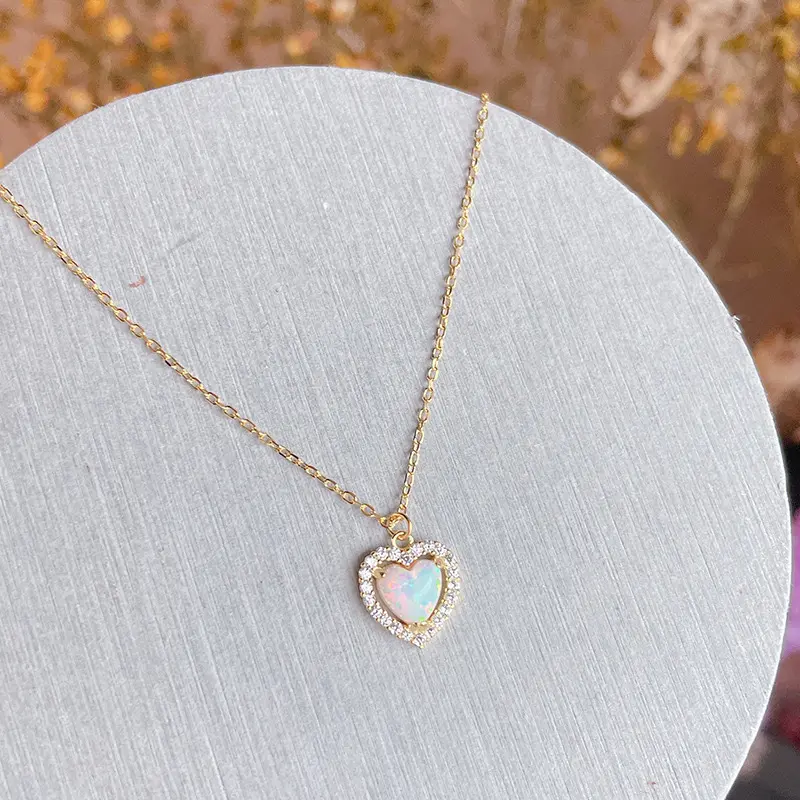 S925 Sterling Silver Row Diamond Opal Heart Necklace for Women, Personalized Simple Fashion Collarbone Chain