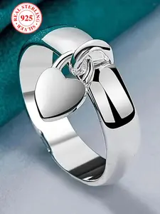 S925 Sterling Silver Heart Pendant Ring, Unisex Fashionable Polished Finger Ring with Box, Silver Color Love Charm Jewelry Gift, Heart Design Ring, Heart Shaped Ring