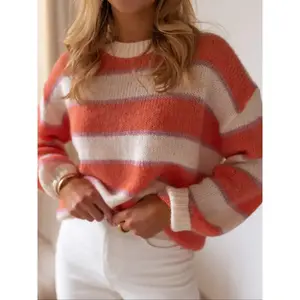 Women's Casual Striped Sweater, Coral & Stripes, Round Neck, Soft Knit Fabric, Spring & Daily Wear, Loose Fit Pullover