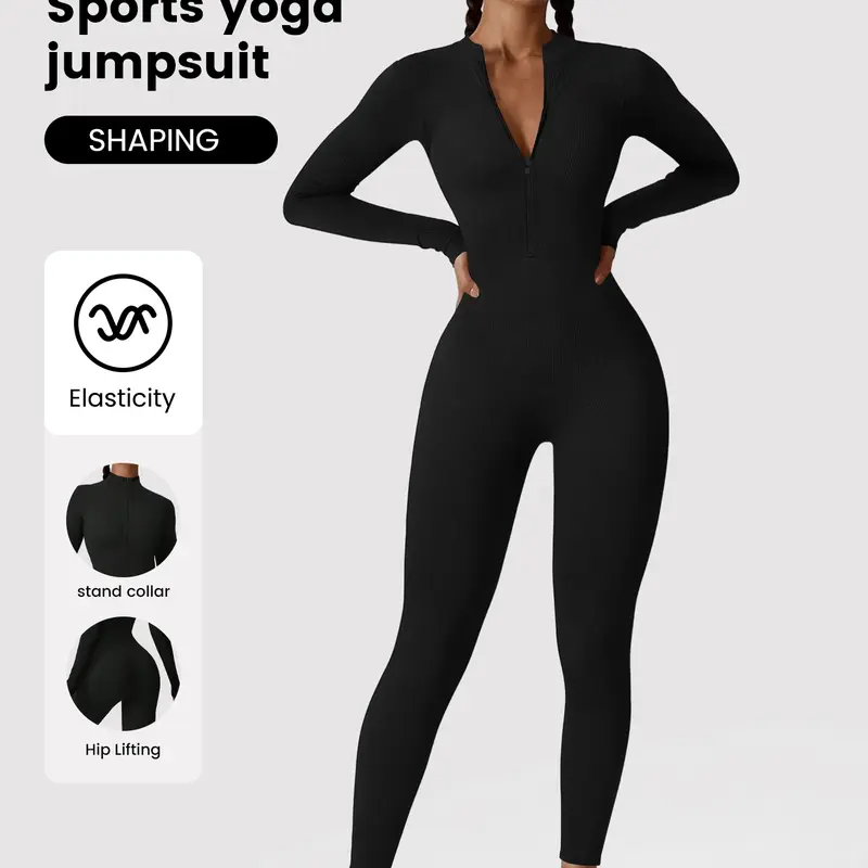Women's Solid Color Zipper Sport Jumpsuit, Elastic Yoga Fitness Outdoor Casual Wear, Long Sleeve Above the Ankle, All Seasons