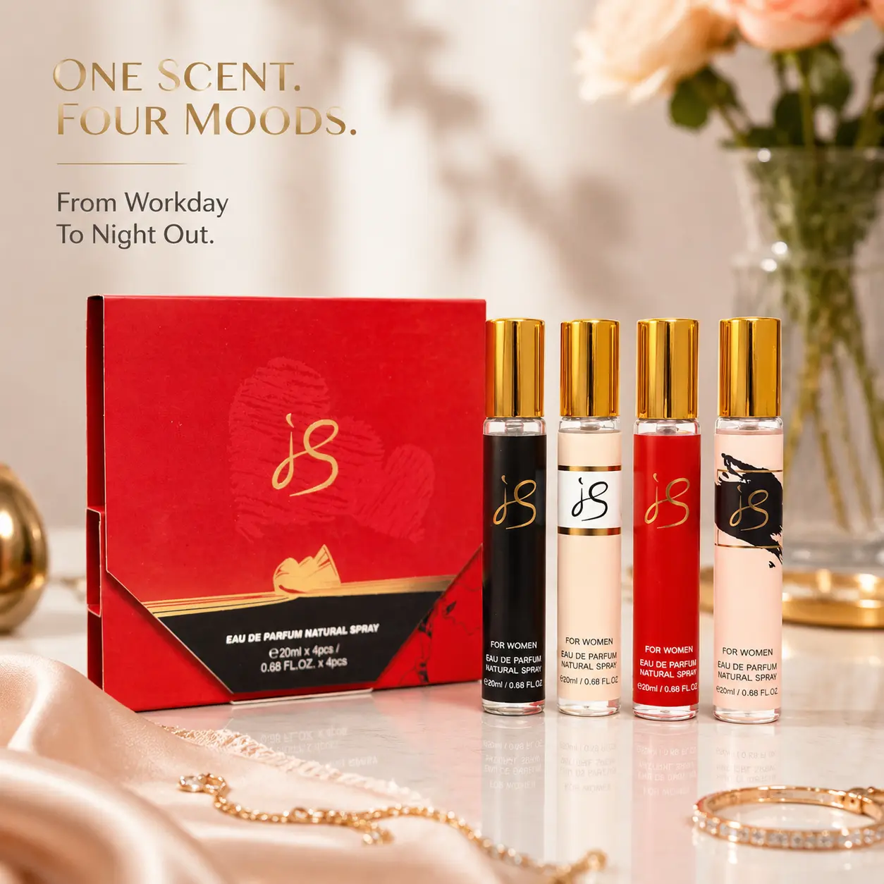 MYSTICAL Perfume Set for Women 4pcs, Luxury Long Lasting Fragrance Collection, Travel Size Rollerball Perfume Gift Set, Elegant Red Box Gift for Her
