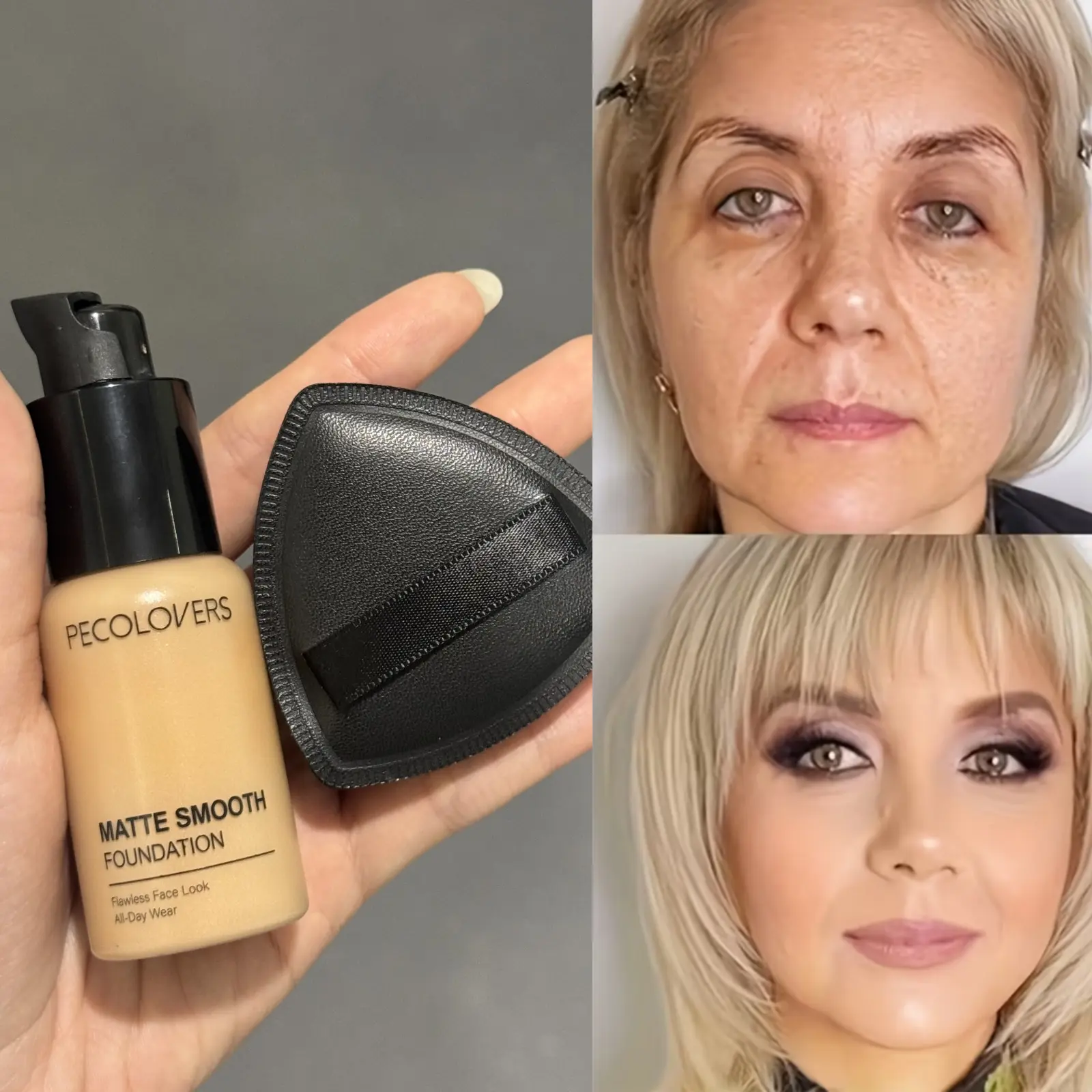1PCS Waterproof Matte Makeup Finish Flawless Complexion Liquid Foundation with Puff - Long-lasting Buildable Coverage of Dark Circles, Acne and Other Blemishes, Creamy Texture, Suitable for All Skin Types, Daily Travel Essential, Mother's Day Gift