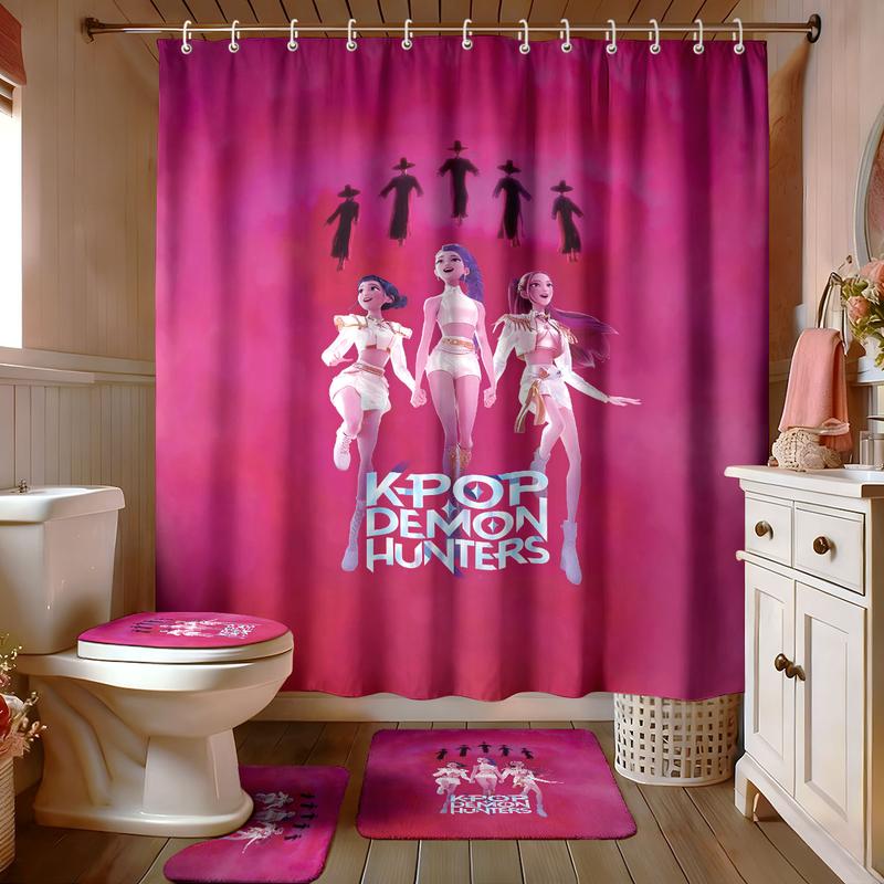 4pcs K-POP Demon Hunters Bathroom Set, Shower Curtain with Hooks, Non-Slip Bath Rug, U-Shaped Toilet Mat, Toilet Lid Cover, Bathroom Decoration Accessories