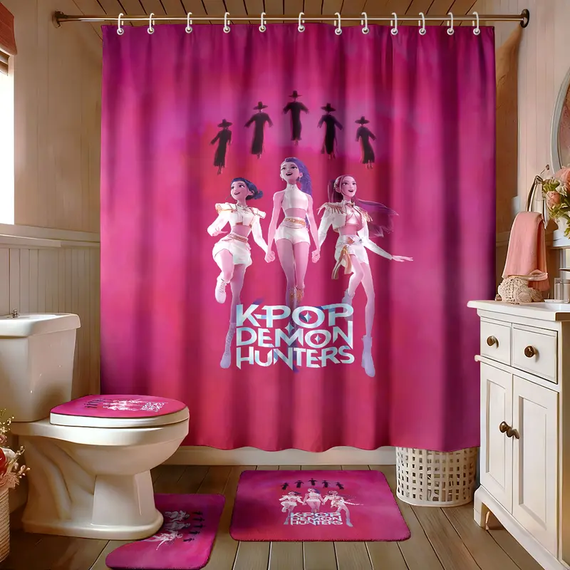 4pcs K-POP Demon Hunters Bathroom Set, Shower Curtain with Hooks, Non-Slip Bath Rug, U-Shaped Toilet Mat, Toilet Lid Cover, Bathroom Decoration Accessories