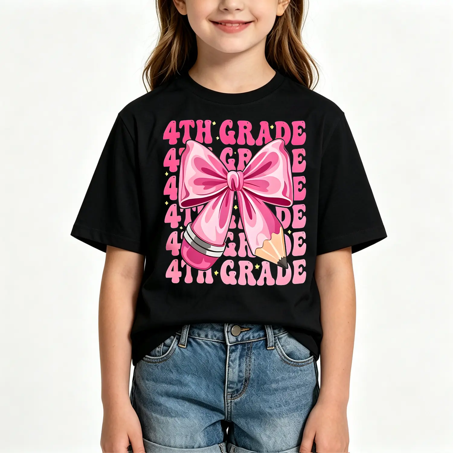 First Day of 4th Grade Girls Bow Back to School Cotton T-shirt
