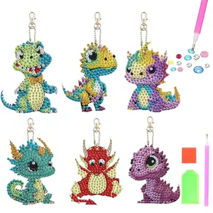 6pcs Diamond Art Set Acrylic Double Sided DIY Full Diamond Small Dinosaur Small Pendant Hand Mosaic Painting Keychain Decoration #HUZ