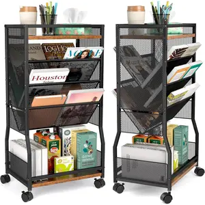8 Tier Rolling Book Cart with Wheels, Mobile Book Storage Cart with 2 Sides Access Bookcase for Narrow Space, Rolling File Organizers and Storage for Home Office Living Room Classroom School