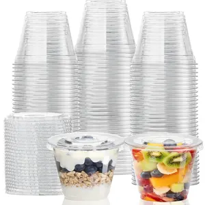 9 oz Clear Plastic Cups with Flat Lids No Hole, Reusable Dessert Cups with Lids for Ice Cream, Cake, Snacks, Fruit, Cold Drinks, Smoothie, Pudding, Salad, Party Supplies