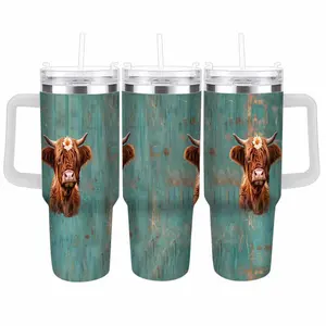 Highland cow car tumbler (40oz/30oz/20oz) unique floral headdress cow print durable vacuum insulated leakproof lid perfect for travel outdoor adventures daily commutes and as a thoughtful gift for animal lovers and farmers