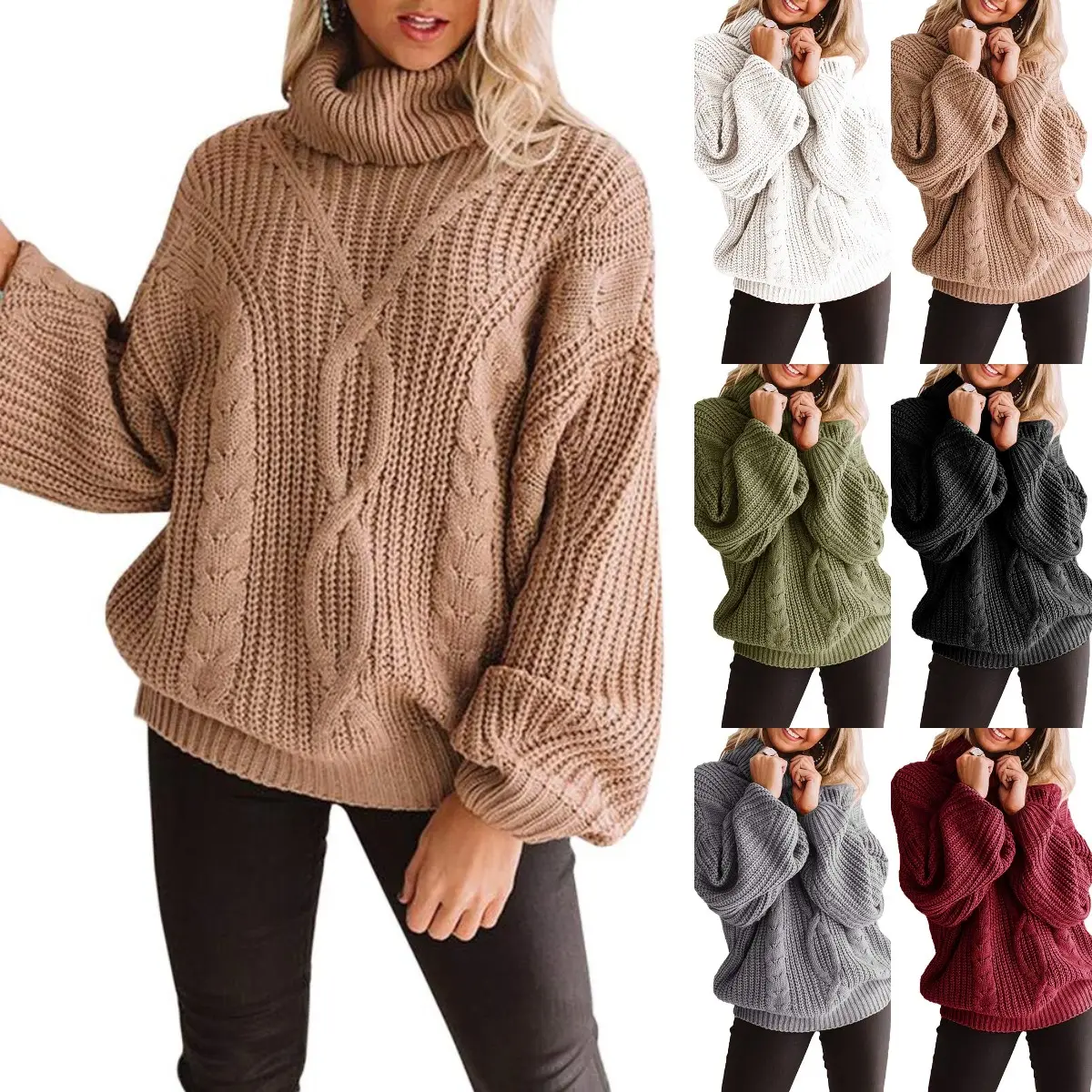 Goranbon Women's Plus Size Turtleneck Sweater Pullovers Lantern Sleeve Cowl Neck Chunky Knit Loose Jumper Tops Piece Jacket