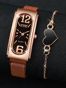 2PCS/Set Fashion Rectangle Women's Quartz Watch Magnet Buckle Mesh Band Watches Bracelet Set