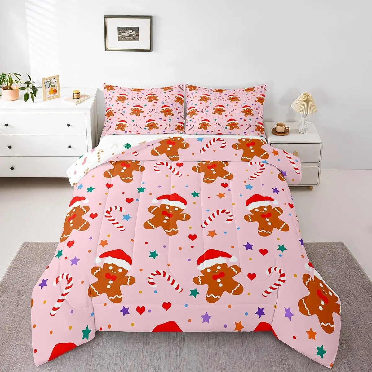 Feelyou Blush Pink Christmas Comforter Set - Breathable Multi-Size Bedding with Cartoon Gingerbread Man, Star, Candy Prints, Soft Warm Bedding, Bed Cover for Twin/Full Bedroom Decor