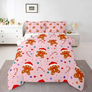 Christmas Pink Comforter,Cartoon Christmas Gingerbread Man Bedding Set,Xmas Theme Comforter Set,Stars Candy Quilt Set