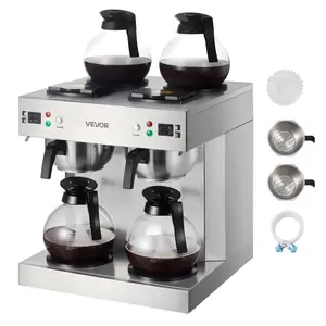 VEVOR Commercial Drip Coffee Maker, 24 Cups Coffee-Maker Machine with 4 Glass Carafes and 4 Decanter Warmer Plates, Stainless Steel Dual-Head Coffee Brewer, for Restaurant, Office, Coffee Shop Home