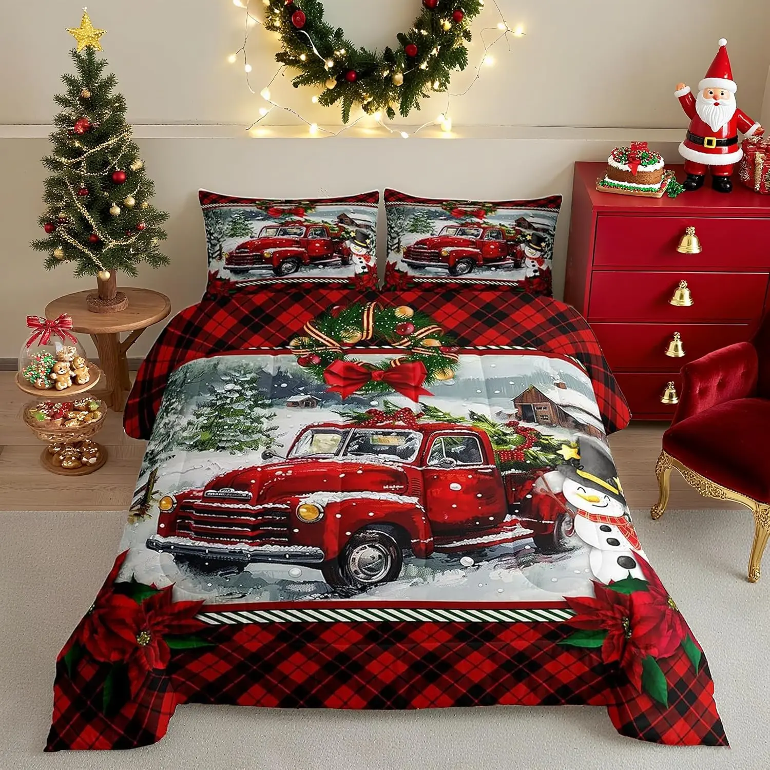 Feelyou Christmas Truck Comfy Breathable Duvet Insert - King Size, Full Size, Soft Fabric Digital Print Holiday Bedding, Red Plaid Pine Tree Winter Snow Bedroom Quilt, Machine Washable Happy New Year Gift for Kids